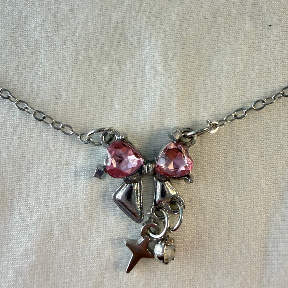 Silver and Pink Bow Charm Necklace